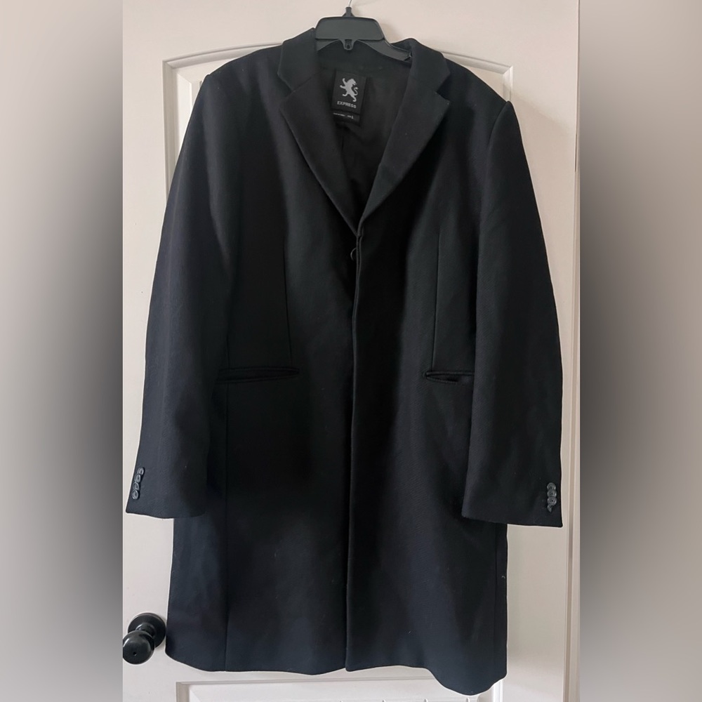 Mens EXPRESS Black Top Overcoat Long Trench Coat SZ Large Wool Jacket